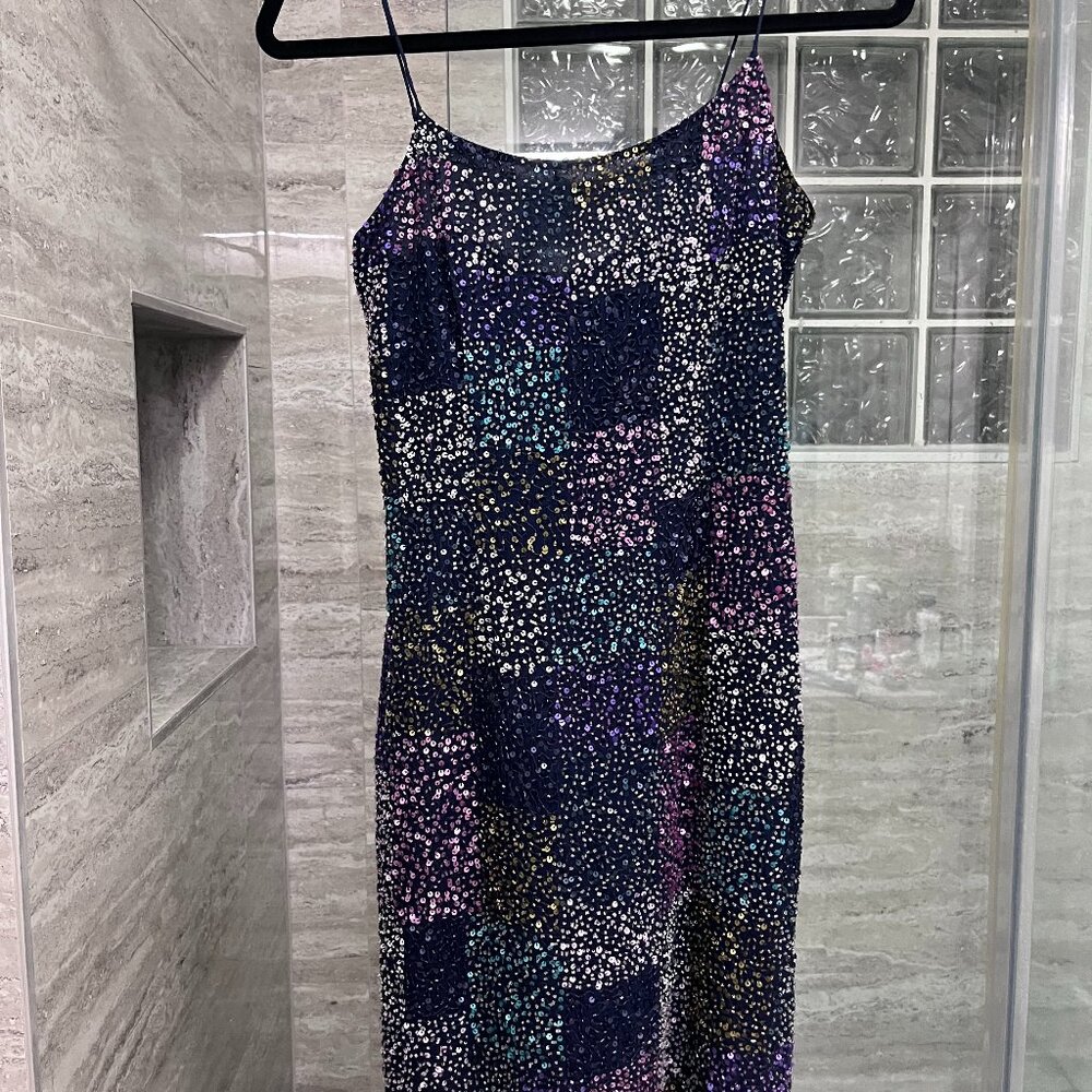 Gilar Beaded Sequined Y2K Spaghetti Strap Blue Dress